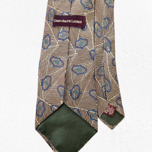 80s Vintage Chaps Ralph Lauren Geometric Brown Blue Made in USA Silk Neck Tie - Picture 6 of 6